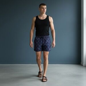 BURLEBO Men's Navy Blue Deer Fish Print Swim Trunks Shorts Size L